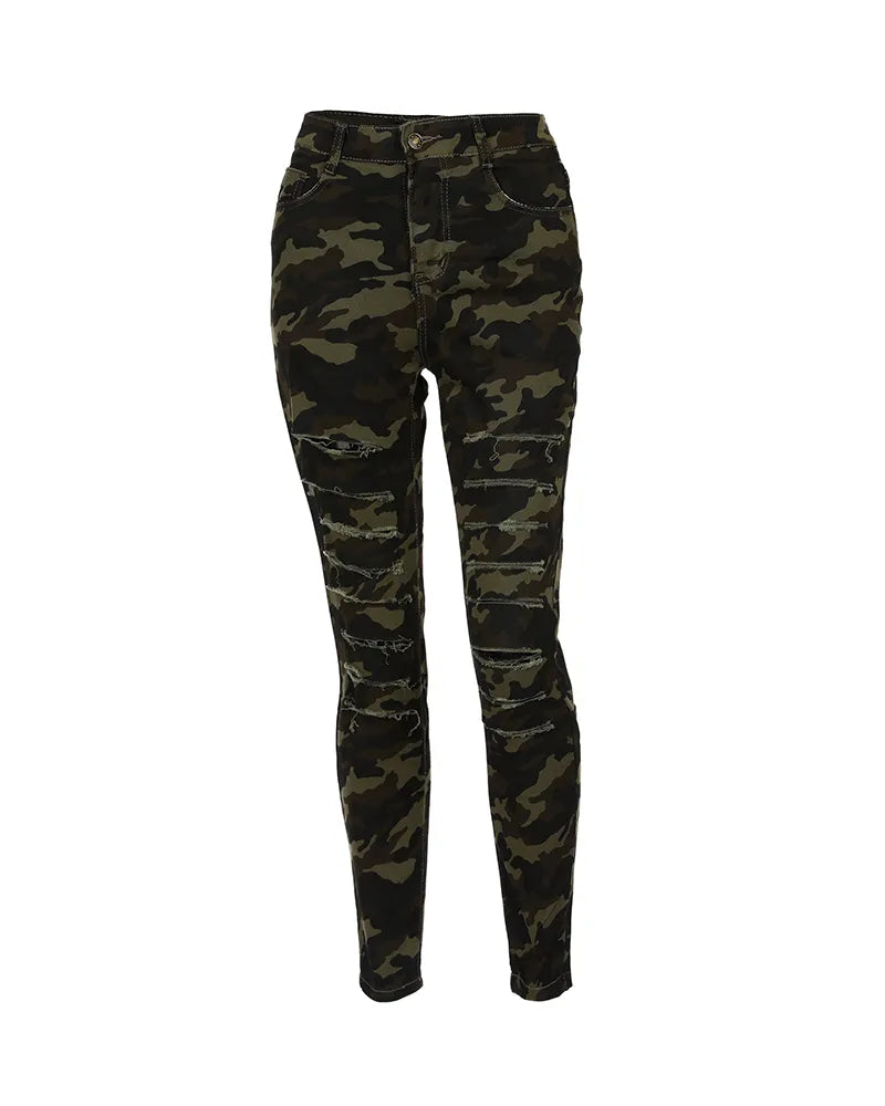 Damen Jeans Camouflage Army Hose Stoffhose Hüfthose High Waist