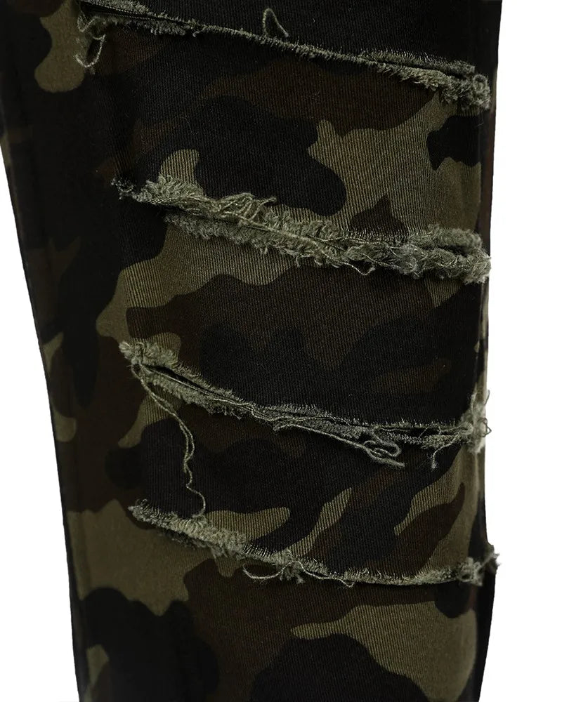 Damen Jeans Camouflage Army Hose Stoffhose Hüfthose High Waist